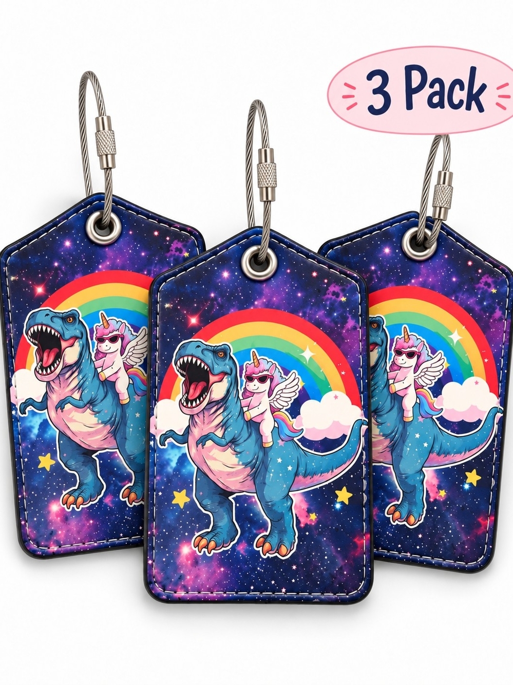 Kids Rainbow Unicorn Riding Dinosaur Luggage Tag - Blue (3 Pack)